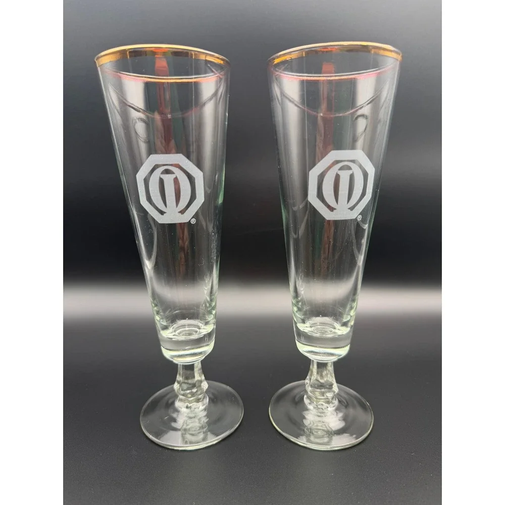 Vintage Set of 2‎ Etched Logo Pilsner Glasses w Gold Rim Footed Beer Glass T015